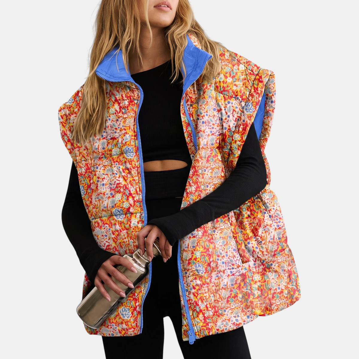 Women's Floral Print Puffer Vest Sleeveless Zip Up