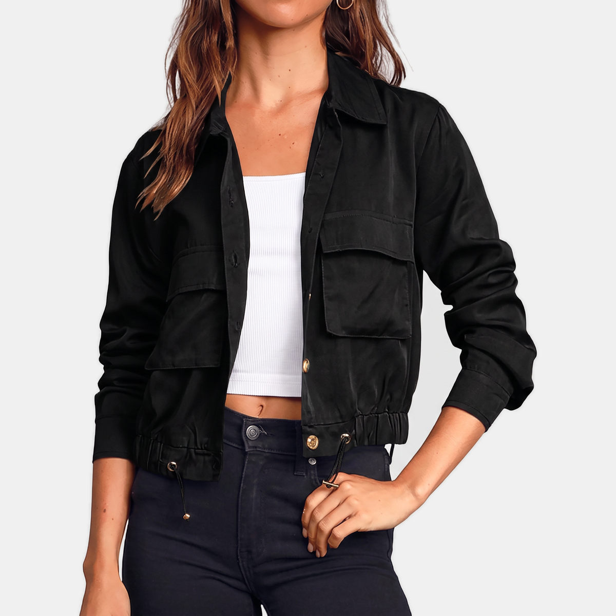 Women's Cropped Utility Windbreaker Jacket with Drawstring Hem