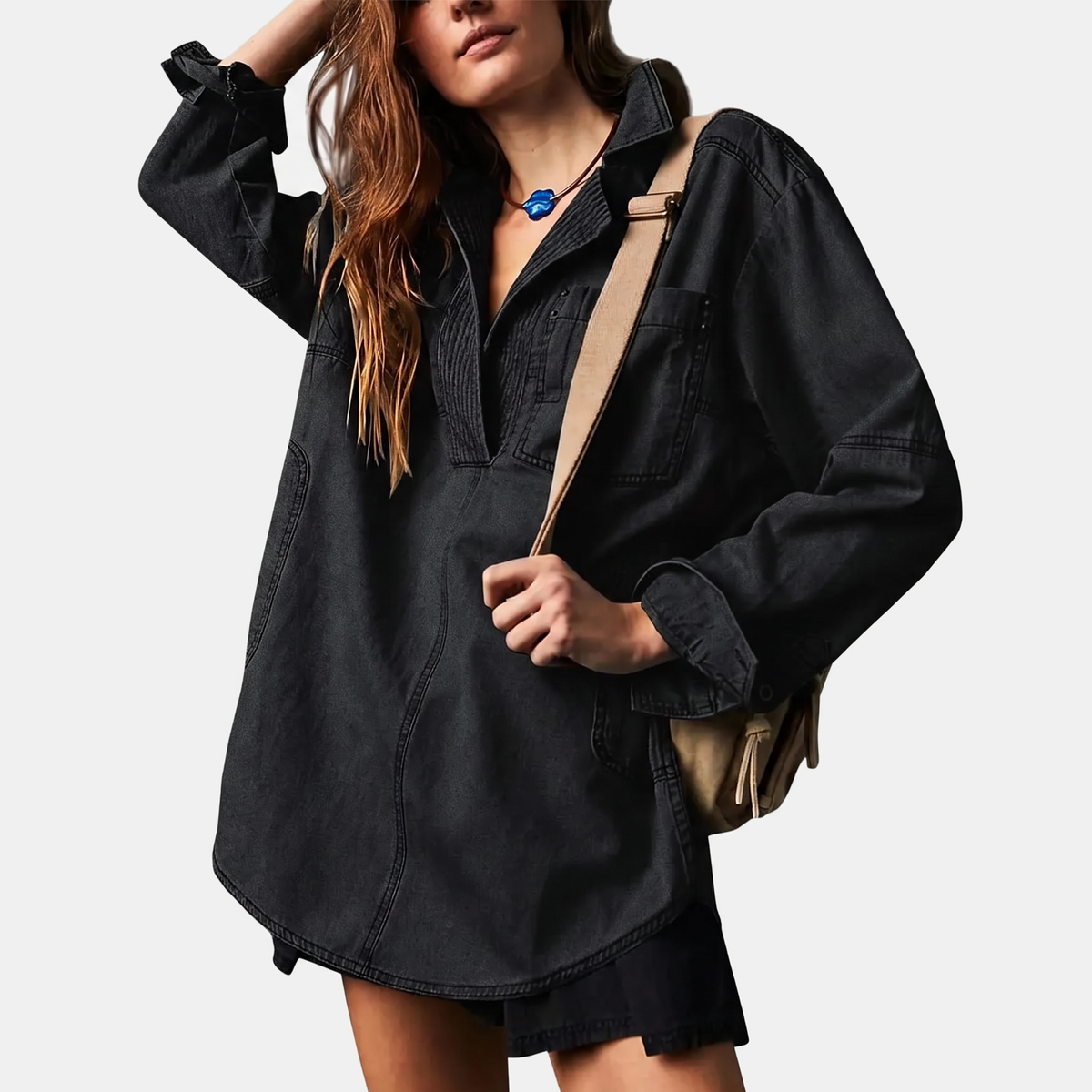 Women's Oversized V-Neck Long Sleeve Denim Pullover Shirt