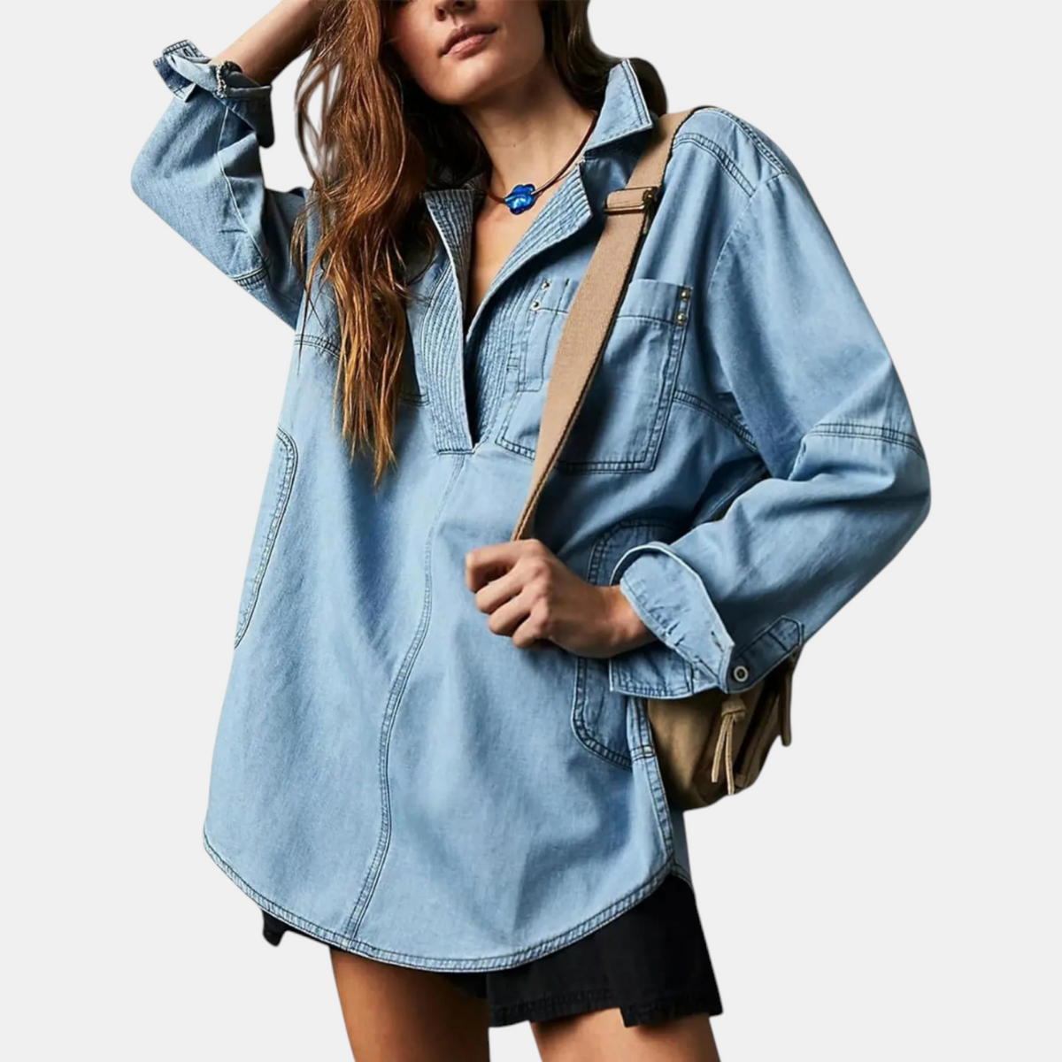 Women's Oversized V-Neck Long Sleeve Denim Pullover Shirt
