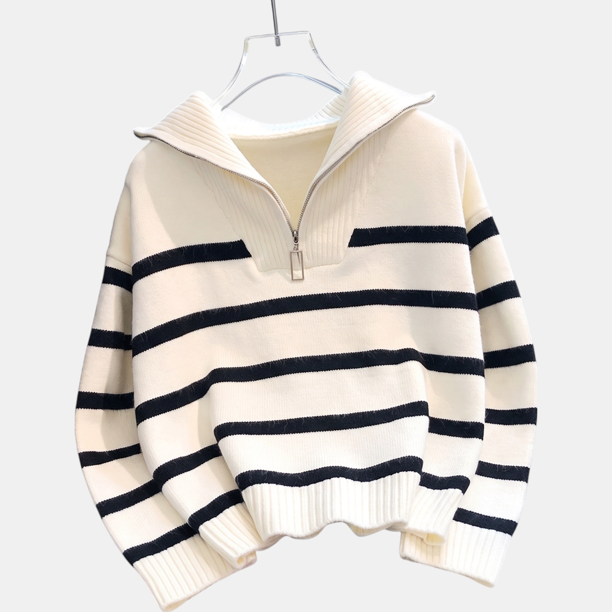 Women's Oversized Quarter Zip Striped Knit Sweater