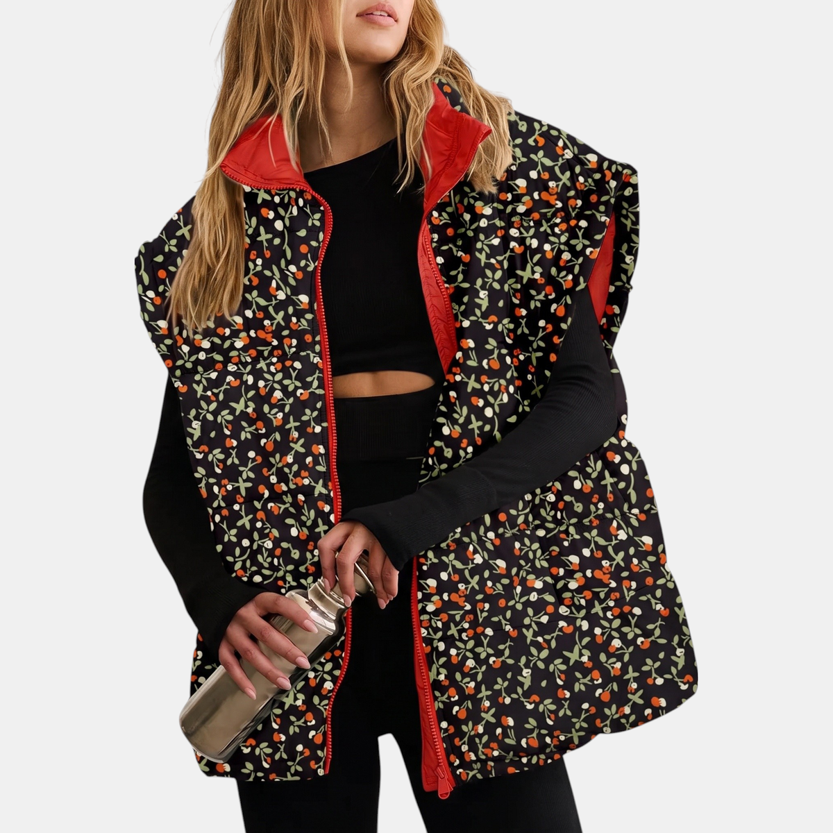 Women's Floral Print Puffer Vest Sleeveless Zip Up