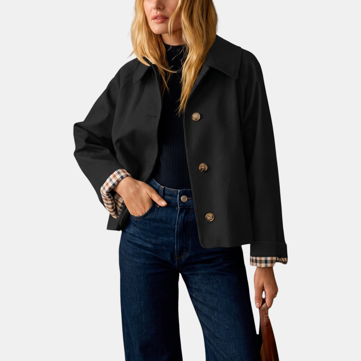 Women's Cropped Trench Coat with Checkered Lining and Gold Buttons
