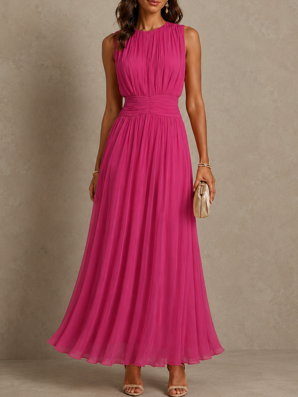 Vanessa Ruched Waist Sleeveless Maxi Dress - Pink