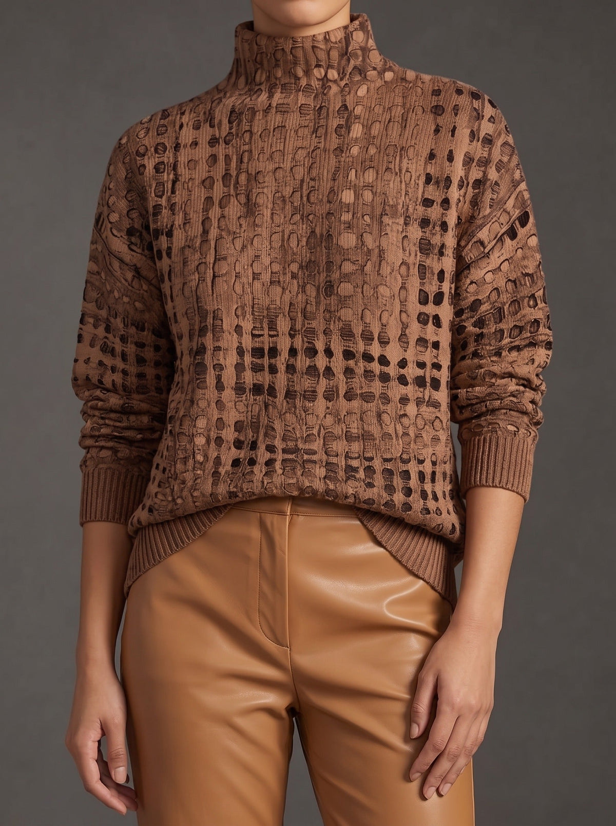 Miranda Lattice Turtleneck Sweater - Chestnut