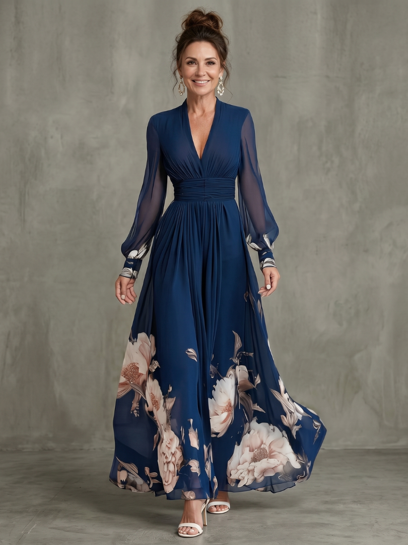 Marissa Floral Hem Sheer Sleeve Maxi Dress - Navy