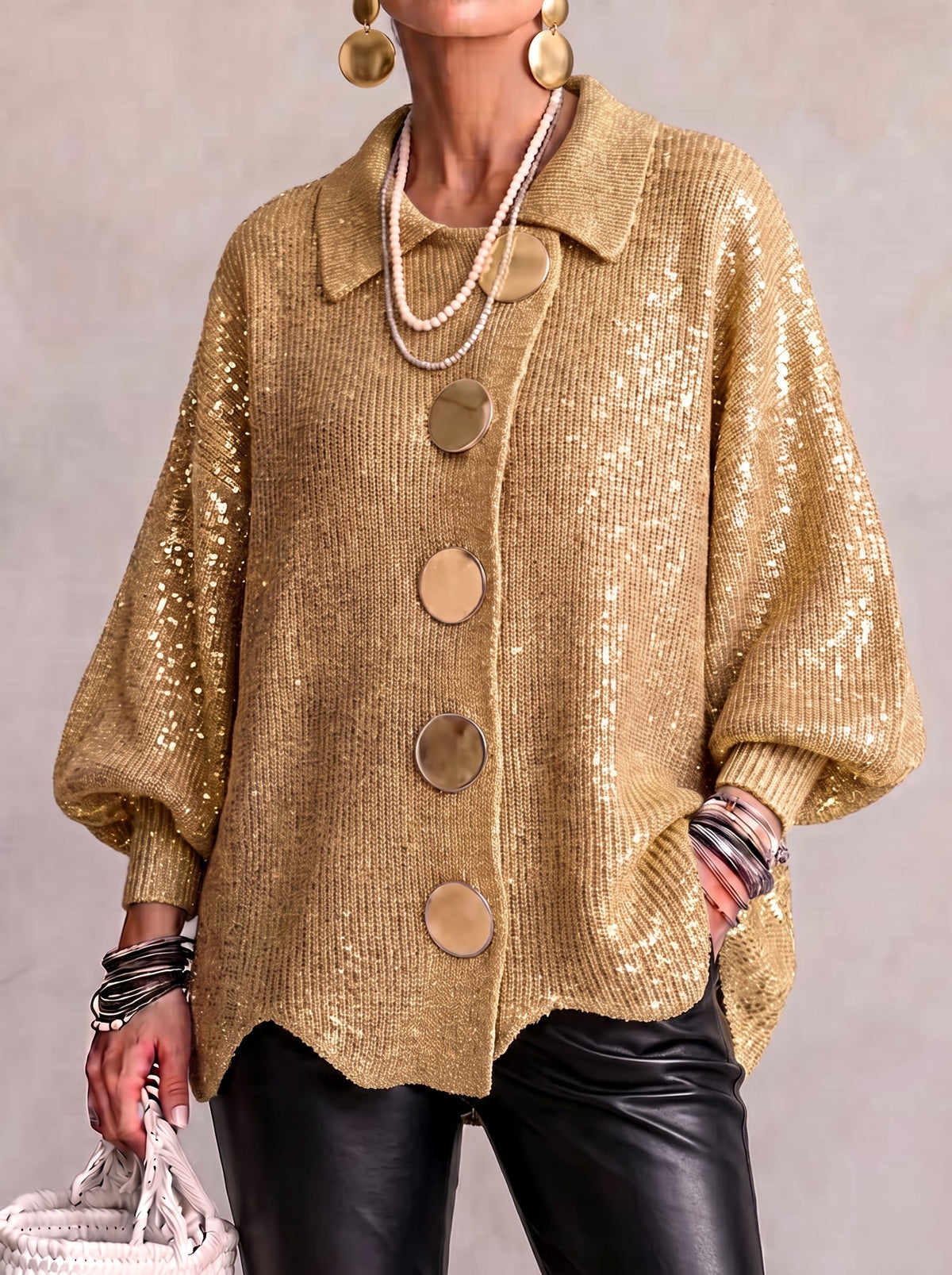 Barbara Oversized Collared Button Cardigan - Gold