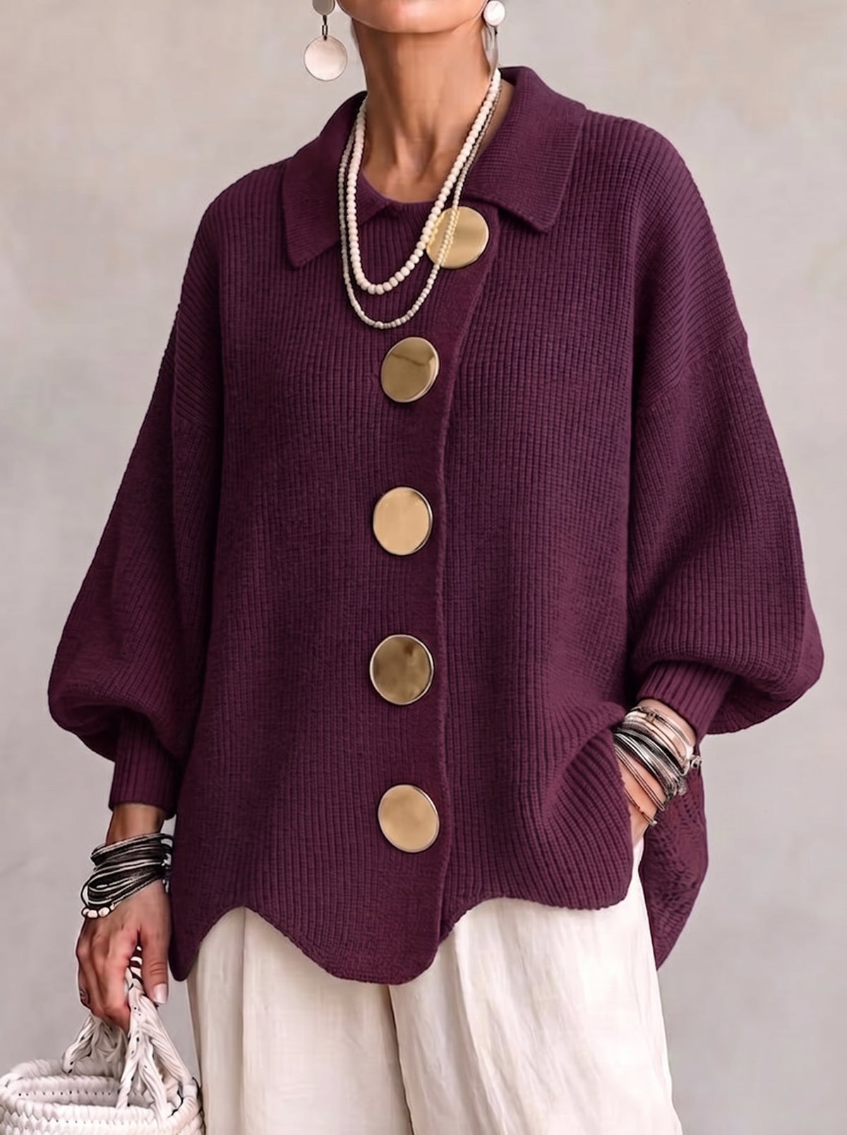Barbara Oversized Collared Button Cardigan - Wine