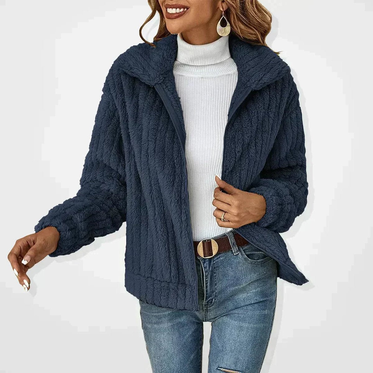 Roberta Cozy Zip-Up Jacket - Navy Blue