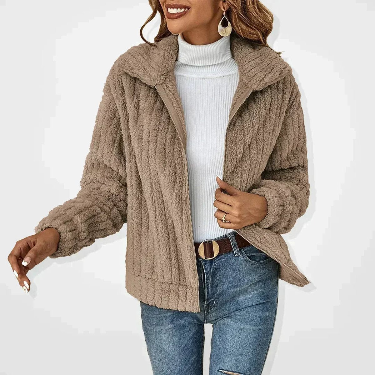 Roberta Cozy Zip-Up Jacket - Khaki